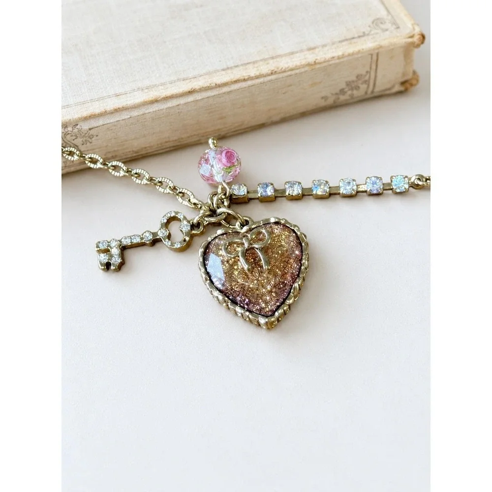 Vintage Betsey Johnson Rhinestone Key Heart Necklace Gold Glitter Puffy Charm